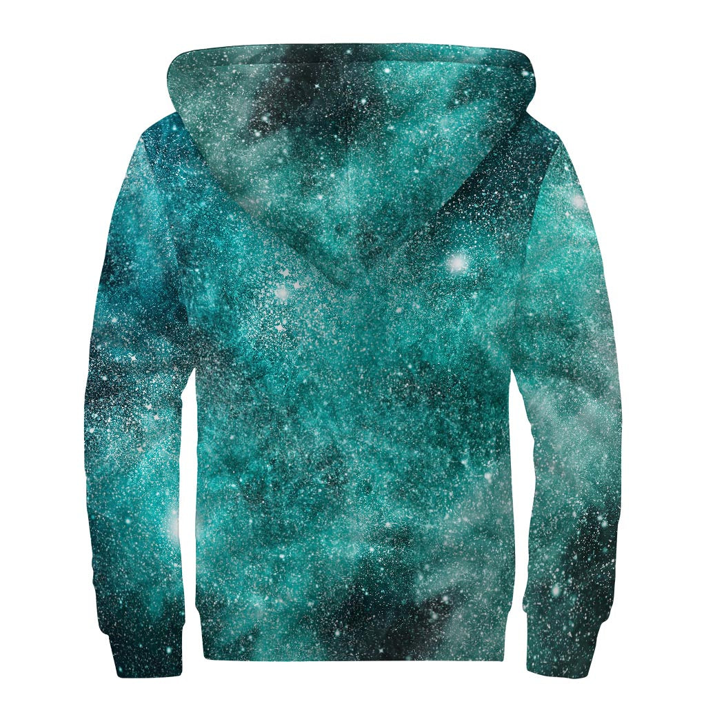 Teal Stardust Galaxy Space Print Sherpa Lined Zip Up Hoodie