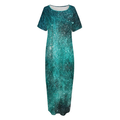 Teal Stardust Galaxy Space Print Short Sleeve Long Nightdress