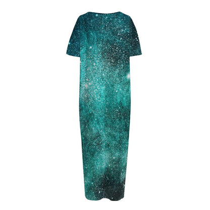 Teal Stardust Galaxy Space Print Short Sleeve Long Nightdress