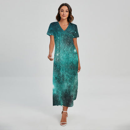Teal Stardust Galaxy Space Print Short Sleeve Maxi Dress