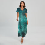 Teal Stardust Galaxy Space Print Short Sleeve Maxi Dress