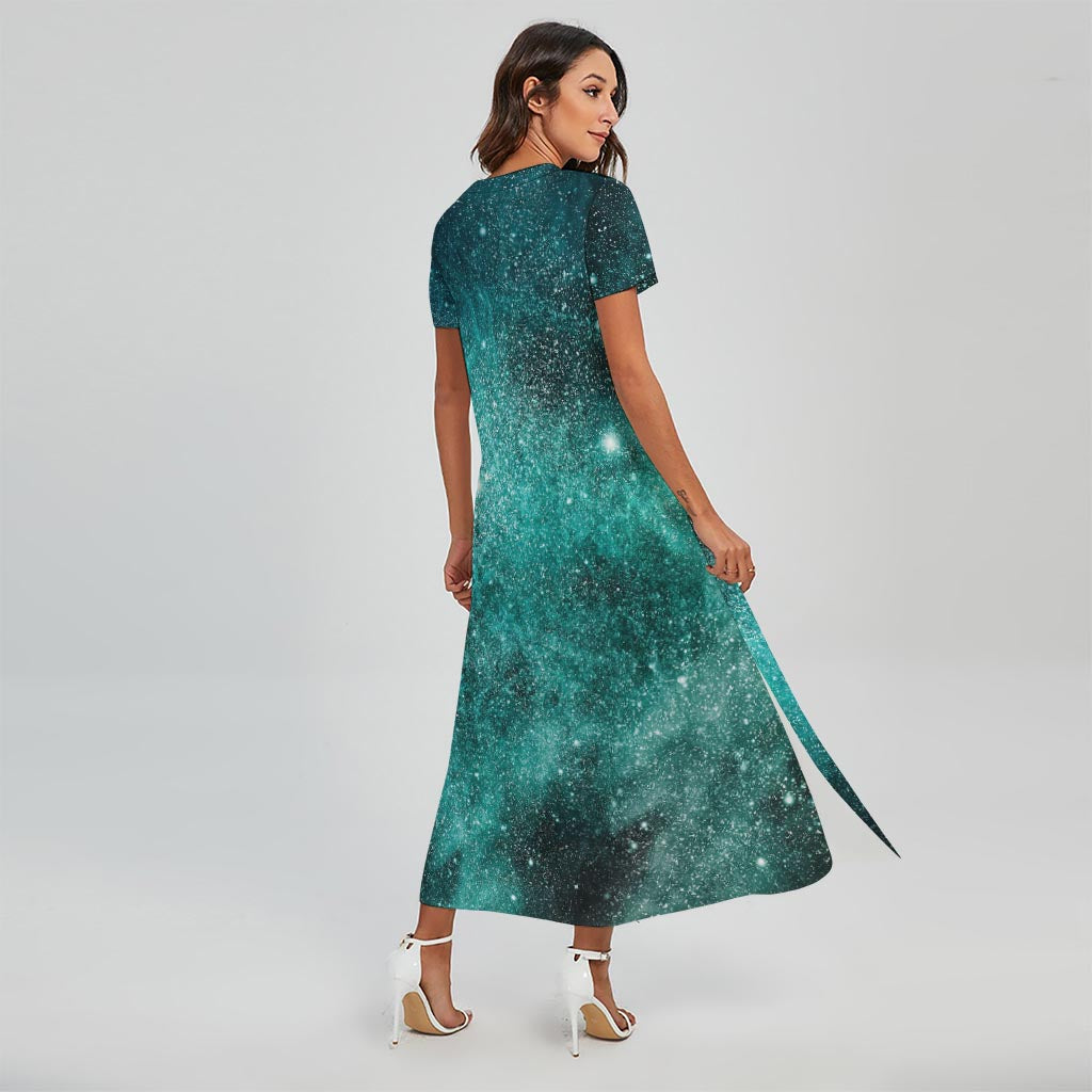 Teal Stardust Galaxy Space Print Short Sleeve Maxi Dress