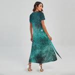 Teal Stardust Galaxy Space Print Short Sleeve Maxi Dress