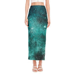 Teal Stardust Galaxy Space Print Side Slit Maxi Skirt
