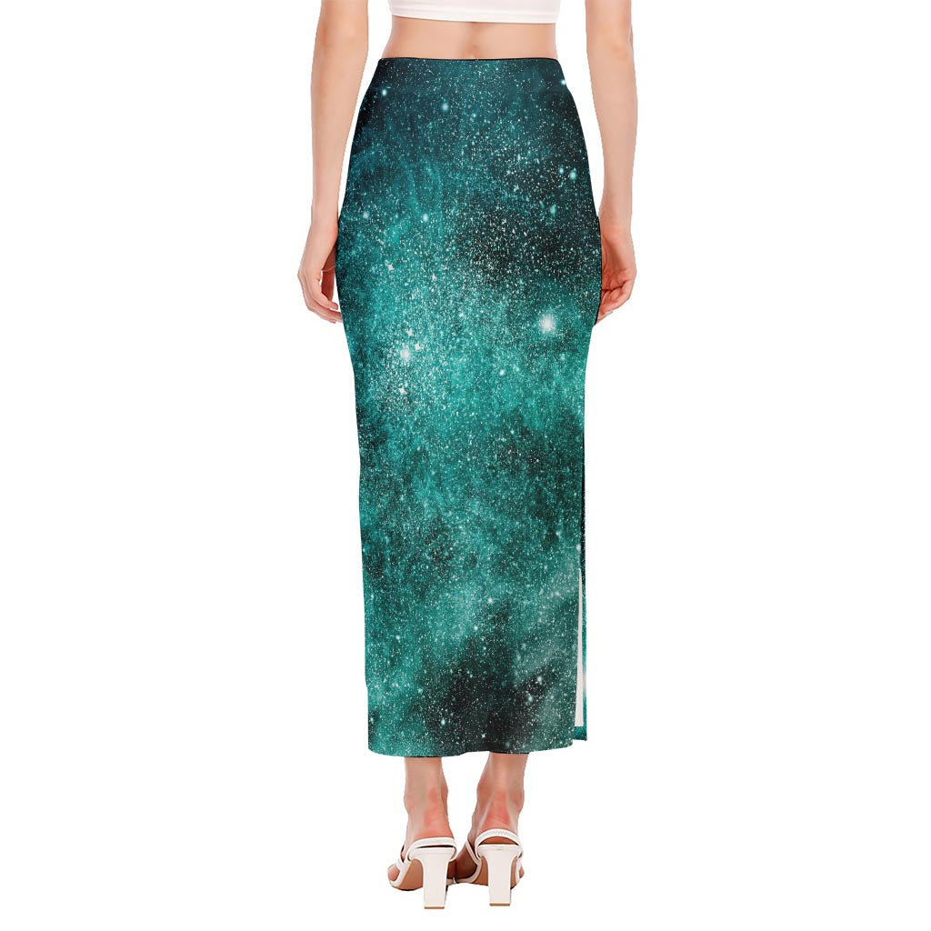 Teal Stardust Galaxy Space Print Side Slit Maxi Skirt