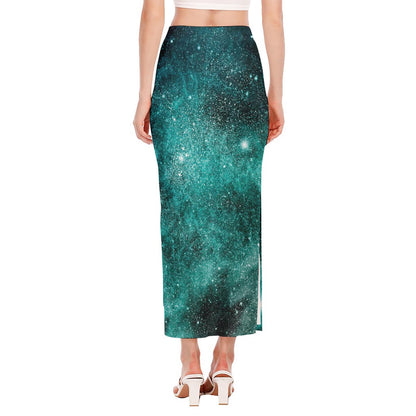 Teal Stardust Galaxy Space Print Side Slit Maxi Skirt