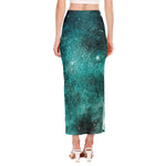 Teal Stardust Galaxy Space Print Side Slit Maxi Skirt