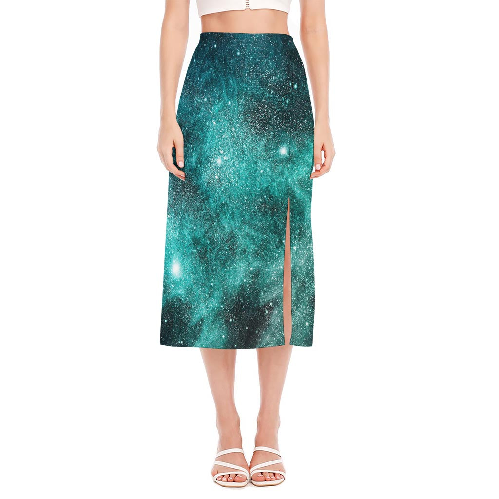Teal Stardust Galaxy Space Print Side Slit Midi Skirt