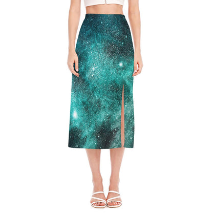Teal Stardust Galaxy Space Print Side Slit Midi Skirt