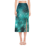 Teal Stardust Galaxy Space Print Side Slit Midi Skirt