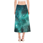 Teal Stardust Galaxy Space Print Side Slit Midi Skirt