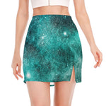Teal Stardust Galaxy Space Print Side Slit Mini Skirt