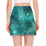 Teal Stardust Galaxy Space Print Side Slit Mini Skirt