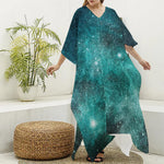 Teal Stardust Galaxy Space Print Silk V-Neck Kaftan Dress