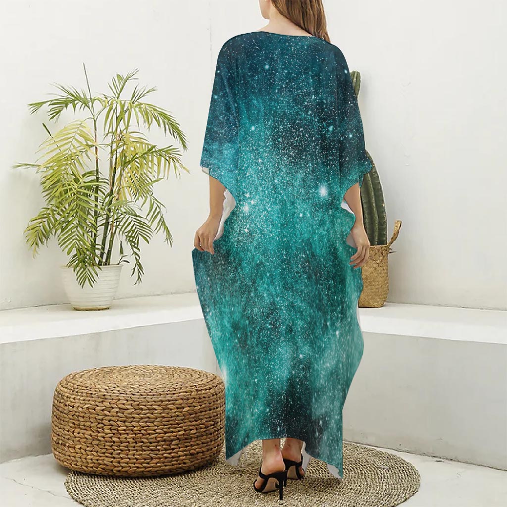 Teal Stardust Galaxy Space Print Silk V-Neck Kaftan Dress