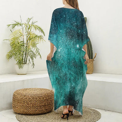 Teal Stardust Galaxy Space Print Silk V-Neck Kaftan Dress