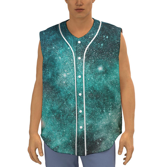 Teal Stardust Galaxy Space Print Sleeveless Baseball Jersey