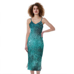 Teal Stardust Galaxy Space Print Slim Fit Midi Cami Dress