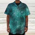 Teal Stardust Galaxy Space Print Textured Short Sleeve Shirt