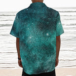Teal Stardust Galaxy Space Print Textured Short Sleeve Shirt