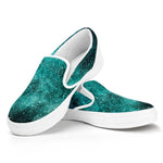 Teal Stardust Galaxy Space Print White Slip On Sneakers