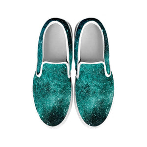 Teal Stardust Galaxy Space Print White Slip On Sneakers