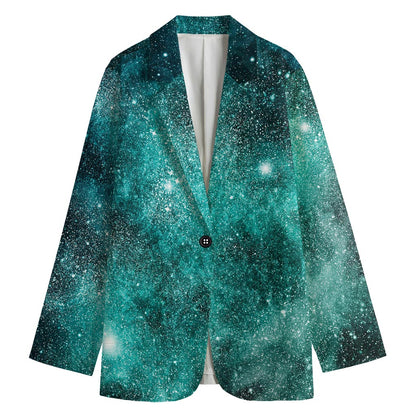 Teal Stardust Galaxy Space Print Women's Blazer