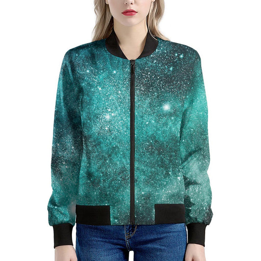Teal Stardust Galaxy Space Print Women's Bomber Jacket