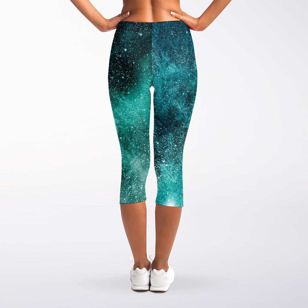 Teal Stardust Galaxy Space Print Women's Capri Leggings