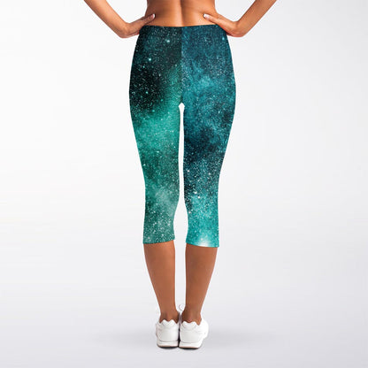 Teal Stardust Galaxy Space Print Women's Capri Leggings