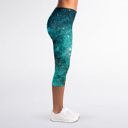 Teal Stardust Galaxy Space Print Women's Capri Leggings