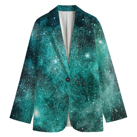 Teal Stardust Galaxy Space Print Women's Cotton Blazer