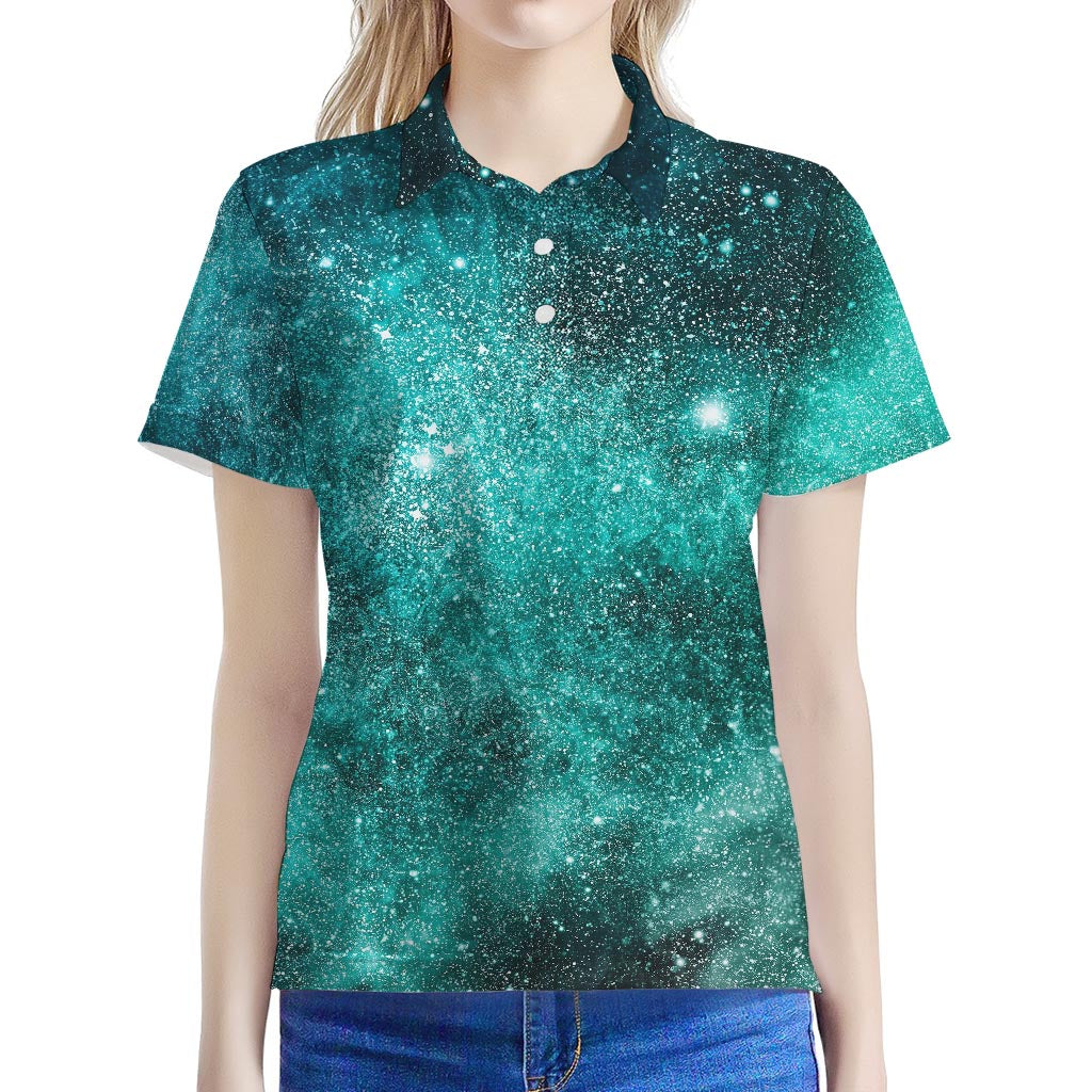 Teal Stardust Galaxy Space Print Women's Polo Shirt