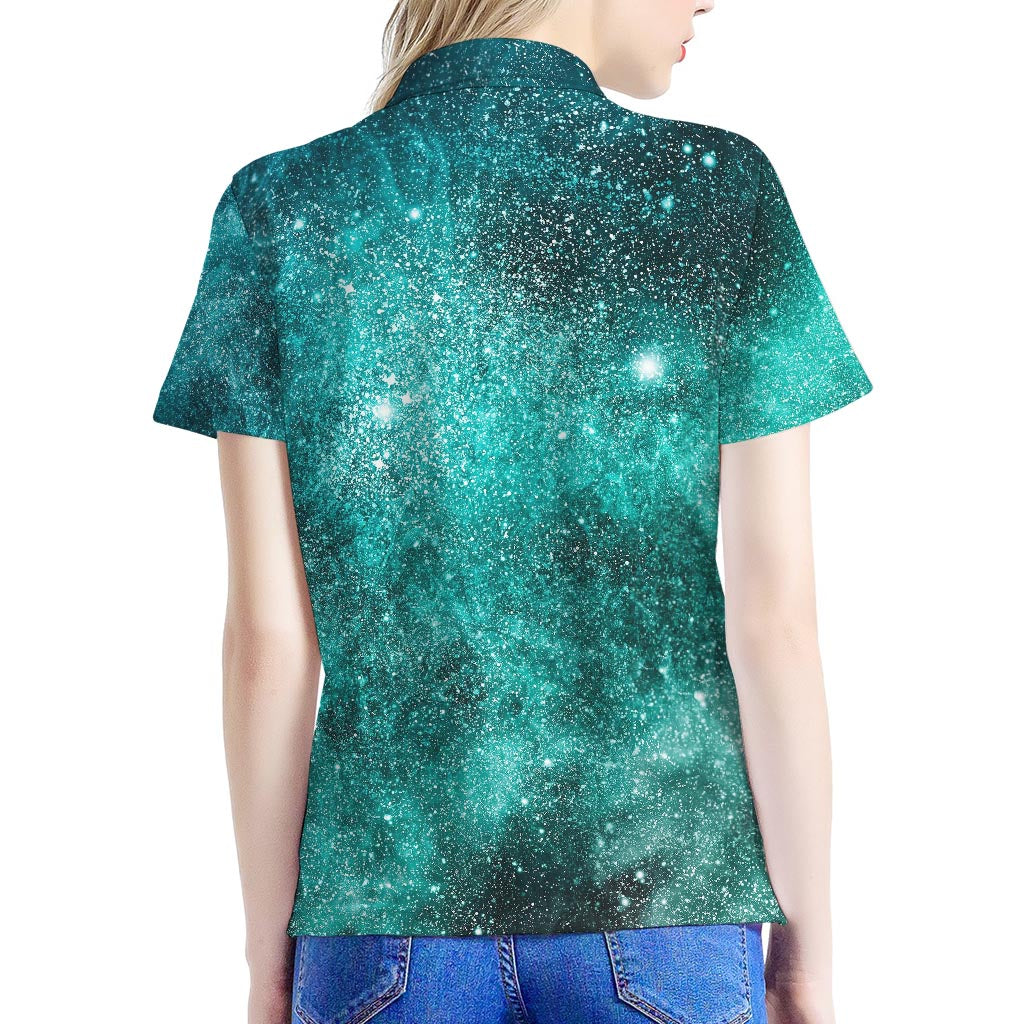 Teal Stardust Galaxy Space Print Women's Polo Shirt