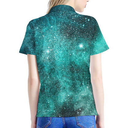 Teal Stardust Galaxy Space Print Women's Polo Shirt