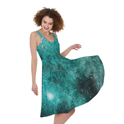 Teal Stardust Galaxy Space Print Women's Sleeveless Dress