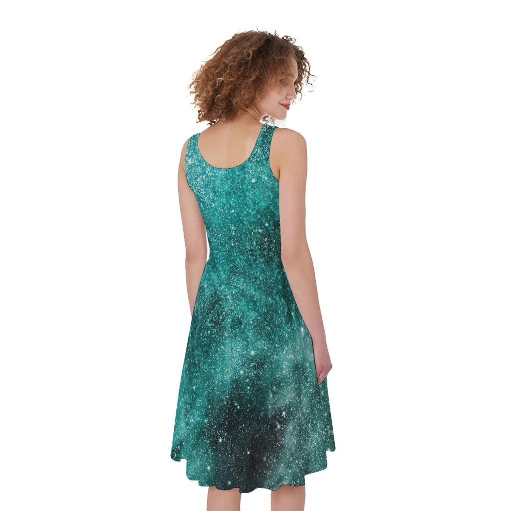Teal Stardust Galaxy Space Print Women's Sleeveless Dress