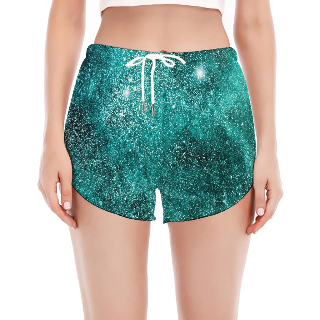 Teal Stardust Galaxy Space Print Women's Split Running Shorts