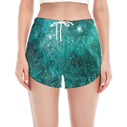 Teal Stardust Galaxy Space Print Women's Split Running Shorts