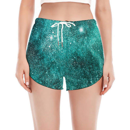 Teal Stardust Galaxy Space Print Women's Split Running Shorts