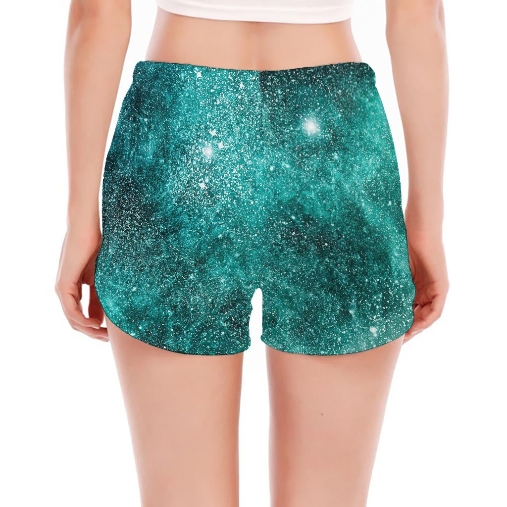 Teal Stardust Galaxy Space Print Women's Split Running Shorts