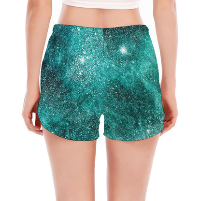 Teal Stardust Galaxy Space Print Women's Split Running Shorts