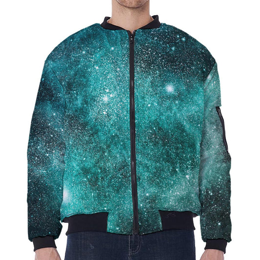 Teal Stardust Galaxy Space Print Zip Sleeve Bomber Jacket