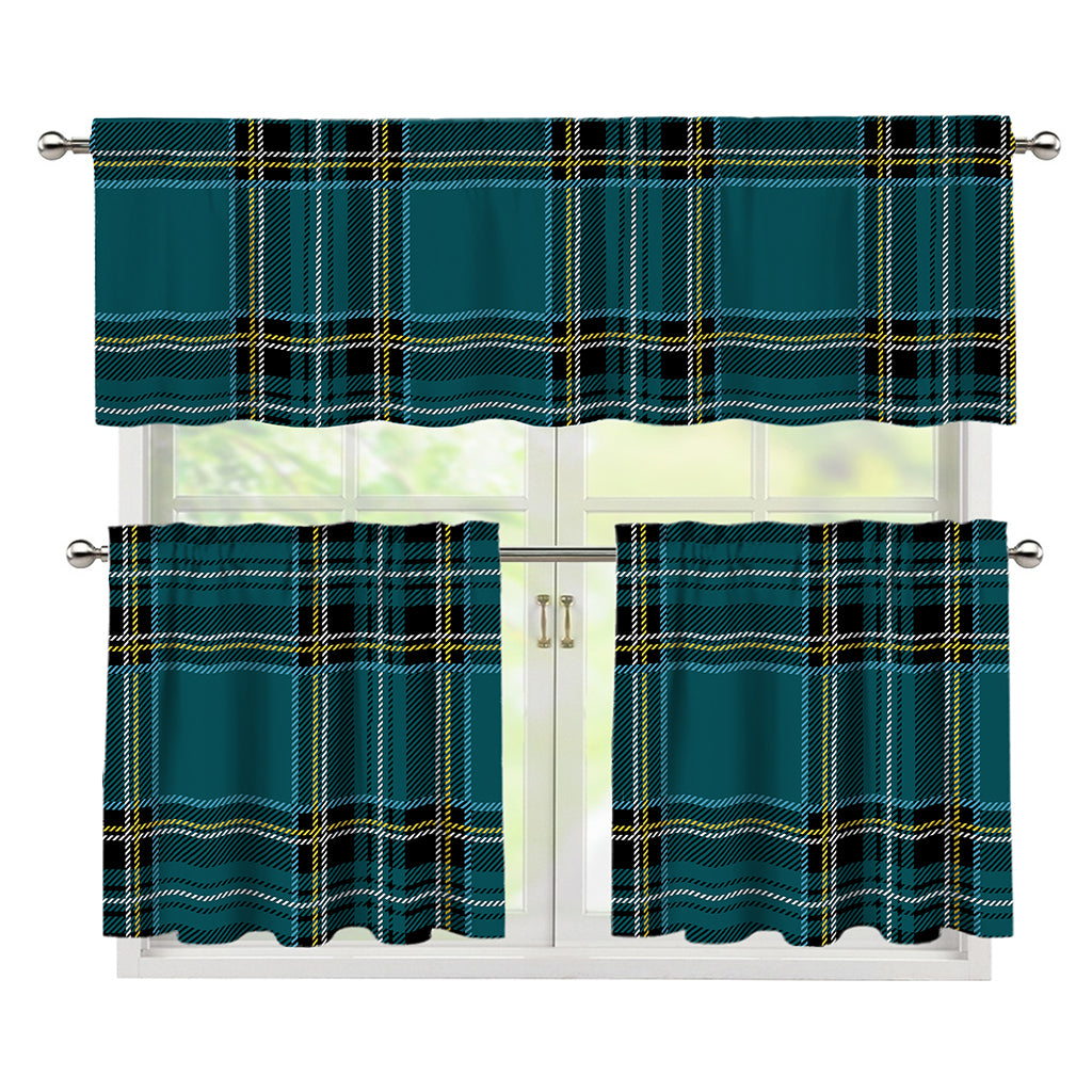 Teal Stewart Tartan Pattern Print 3 Piece Kitchen Curtains