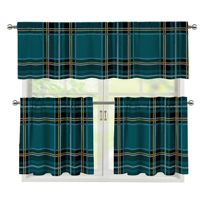 Teal Stewart Tartan Pattern Print 3 Piece Kitchen Curtains