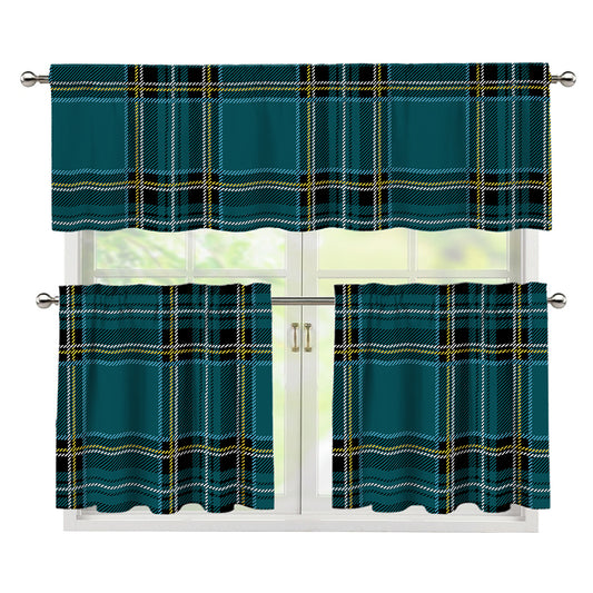 Teal Stewart Tartan Pattern Print 3 Piece Kitchen Curtains
