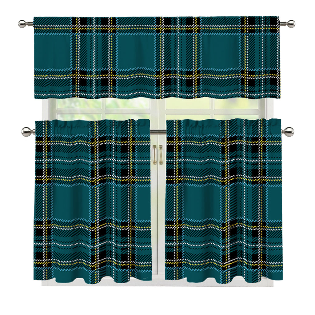 Teal Stewart Tartan Pattern Print 3 Piece Kitchen Curtains