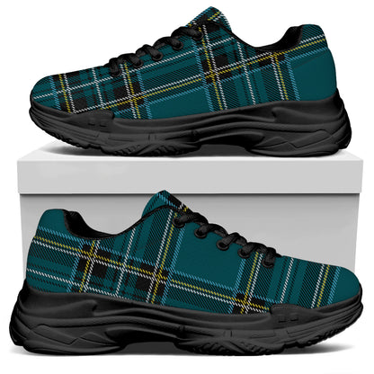Teal Stewart Tartan Pattern Print Black Chunky Shoes
