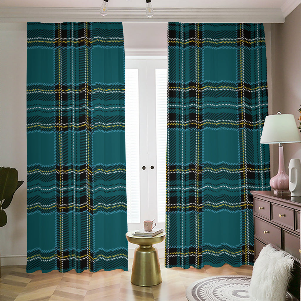 Teal Stewart Tartan Pattern Print Blackout Pencil Pleat Curtains
