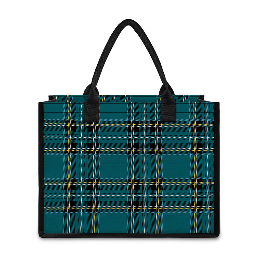 Teal Stewart Tartan Pattern Print Canvas Tote Bag